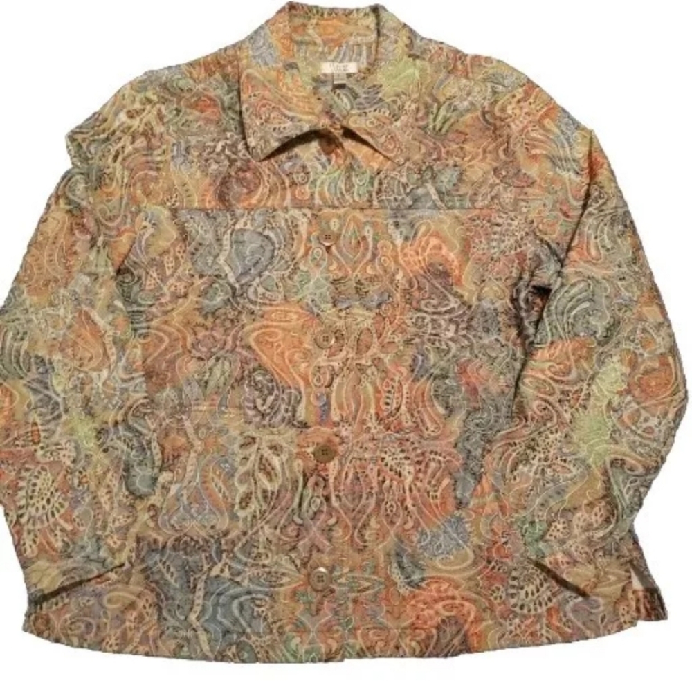 Baxter Wells Jacquard Paisley Pink Blue JacketBlazer Size L BohoChic Embroidered